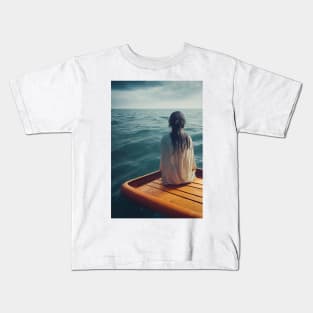 Beautiful woman alone at raft Kids T-Shirt